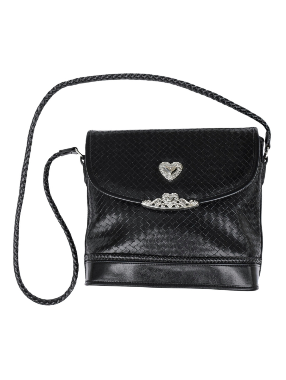 New Black Woven Faux Leather Silver Details Purse
